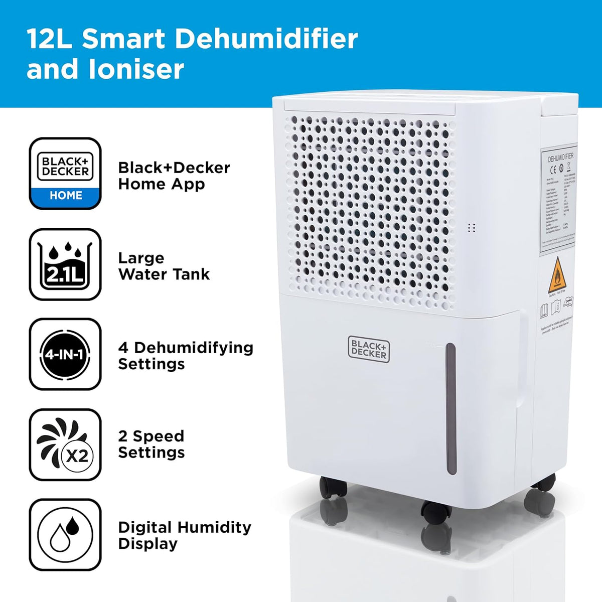 Black Decker 12L Per Day Smart Dehumidifier Ionizer