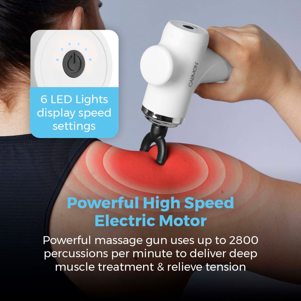 Carmen White Portable Mini Massage Gun with 4 Massage Heads