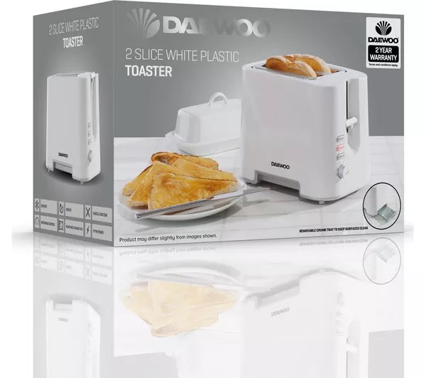 Daewoo 870W 2-Slice Plastic Toaster White/Chrome - SDA1651GE