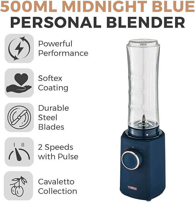 Tower Cavaletto Personal Blender with Tritan Smoothie Bottle, 2 Speeds, 500ml, 300W | T12060MNB