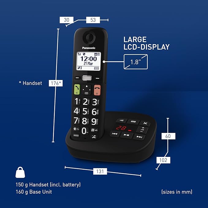 Teléfono inalámbrico Panasonic de teclas grandes, un solo auricular | KX-TGU130EB