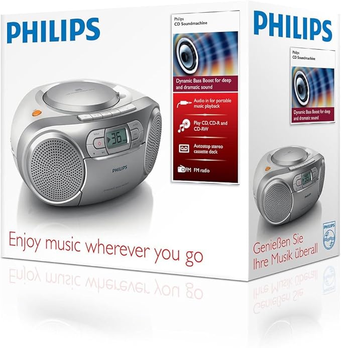 Radio CD estéreo portátil Philips Reproductor de casete FM Batería de red | AZ127