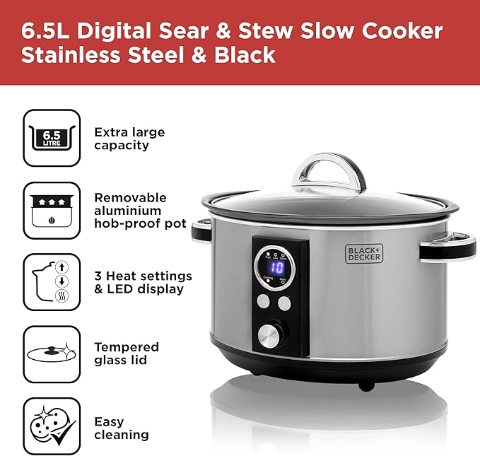 BLACK+DECKER 6.5L Digital Sear & Stew Slow Cooker, Stainless Steel | BXSC16045GB