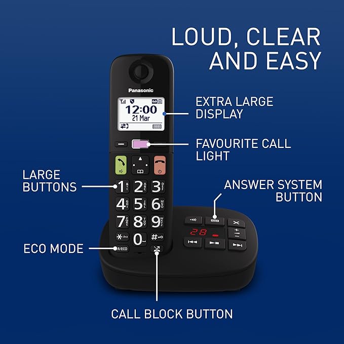 Teléfono inalámbrico Panasonic de teclas grandes, un solo auricular | KX-TGU130EB