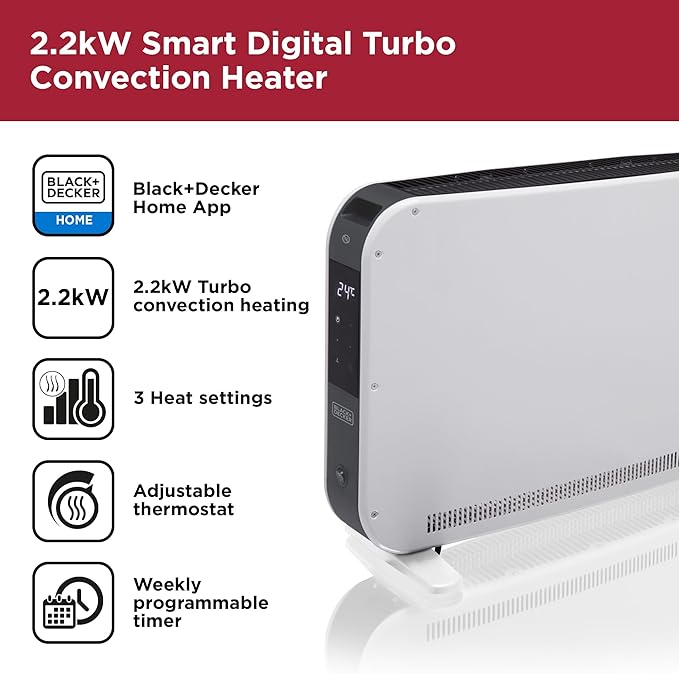 BLACK+DECKER 2.2KW Smart Convection Turbo Heater, White | BXCV41014GB