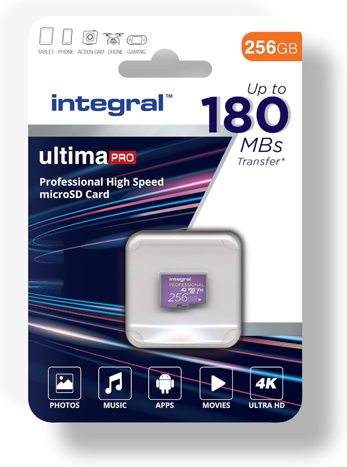Tarjeta Integral 256 GB Pro de alta velocidad 180 MB/s MICROSDXC V30 UHS-I U3