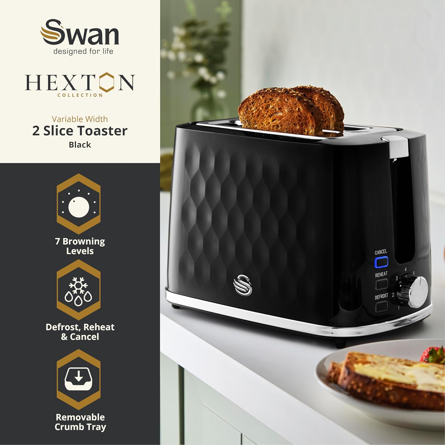 Swan Hexton Black 2 Slice Toaster