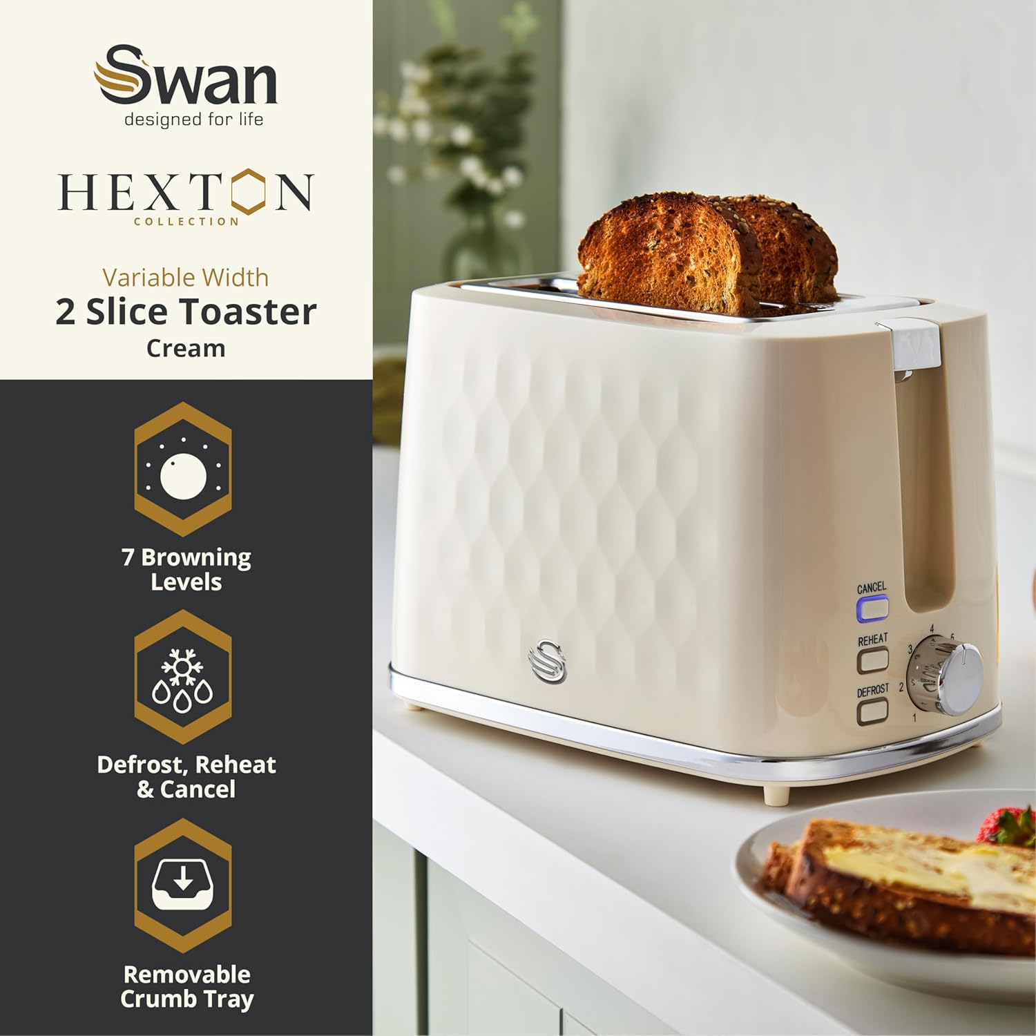 Swan Hexton 2 Slice Toaster - Cream
