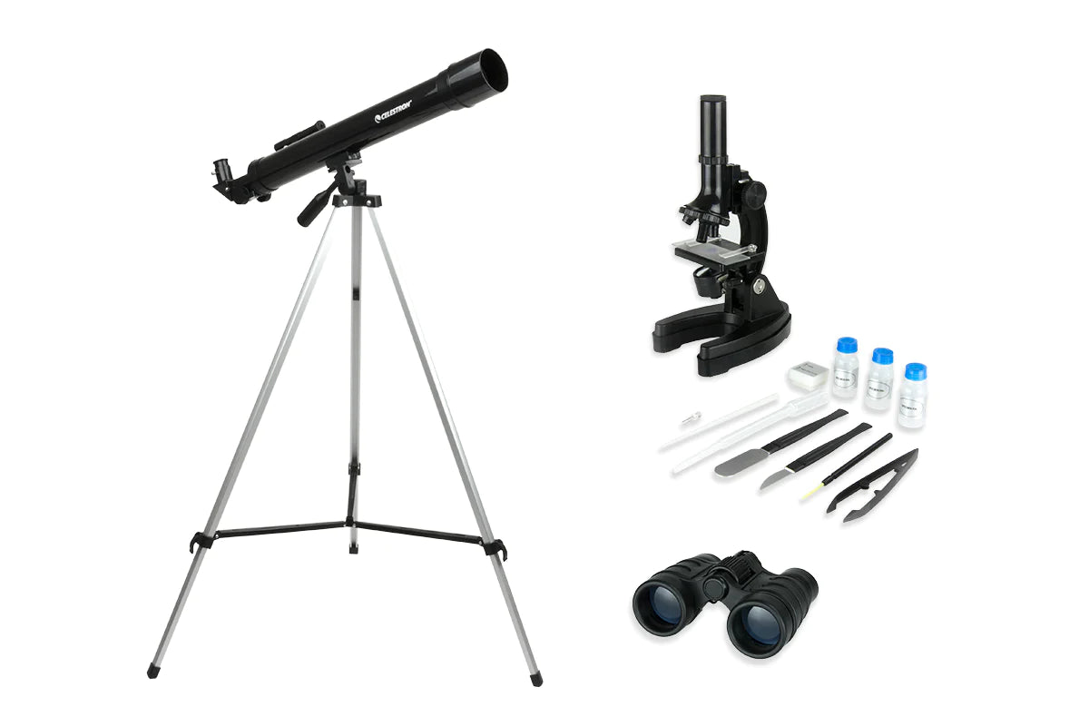 Kit científico de 3 piezas de Celestron: teleobjetivos, binoculares y microobjetivos