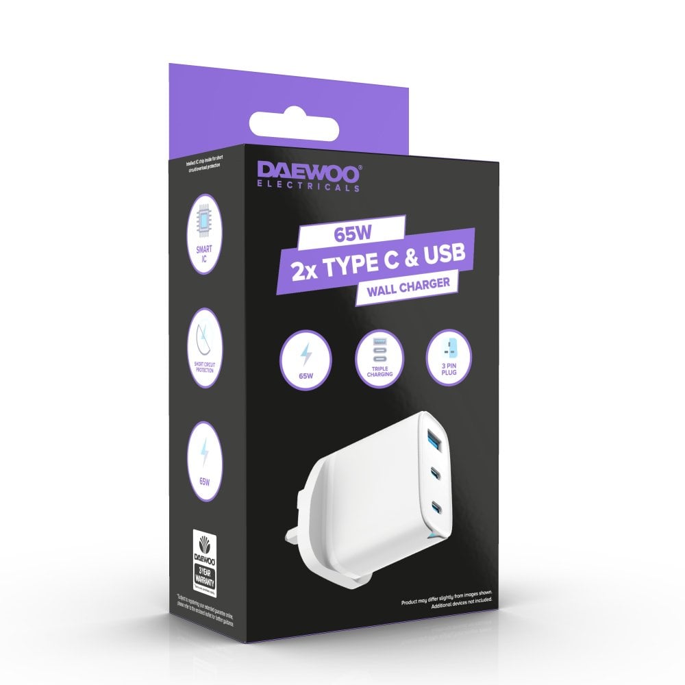 Daewoo 65W 2x USB-C & USB-A White Wall Charger Plug Socket Adaptor - ELA1415GE