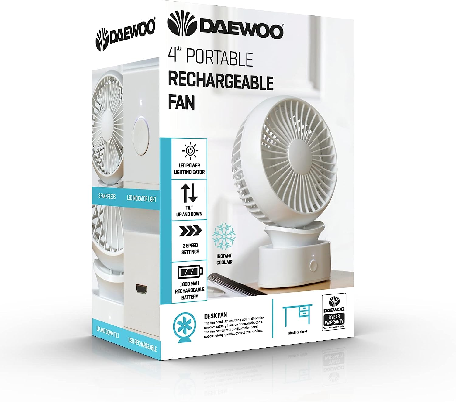 Daewoo Rechargeable 4" Portable Fan - COL1540