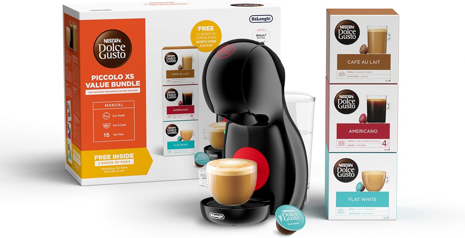 DeLonghi Dolce Gusto Nescafé Piccolo XS Pod Capsule Coffee Machine Bundle Black/Red | BDG210.B