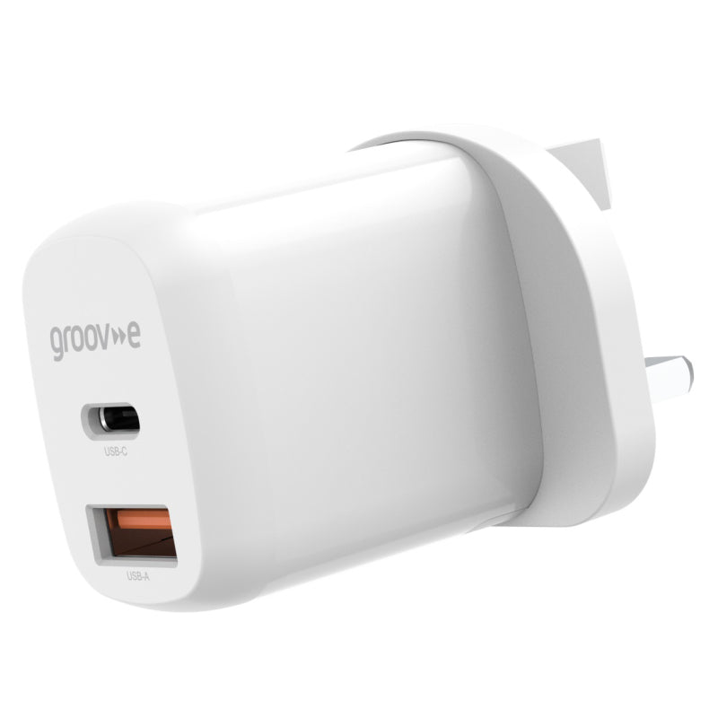 Cargador de pared Groov-e USB-C y USB-A de 20 W con Power Delivery - Blanco | GVMA105WE