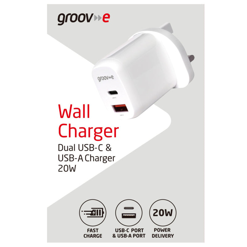 Cargador de pared Groov-e USB-C y USB-A de 20 W con Power Delivery - Blanco | GVMA105WE