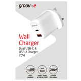 Groov-e USB-C & USB-A 20W Wall Charger with Power Delivery - White | GVMA105WE