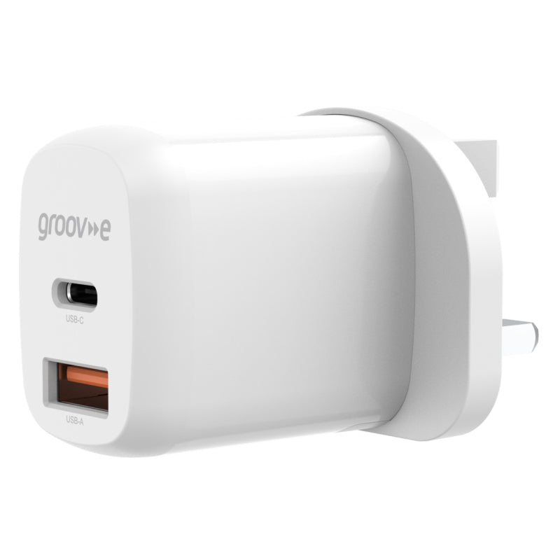 Cargador de pared Groov-e USB-C y USB-A de 20 W con Power Delivery - Blanco | GVMA105WE