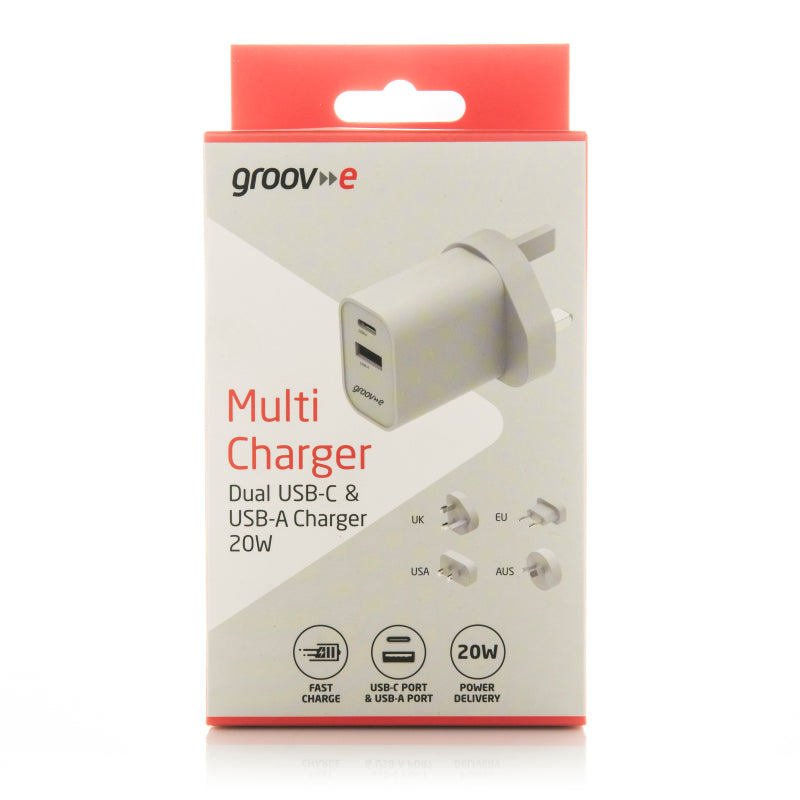 Cargador de red Groov-e USB-C y USB-A de 20 W con adaptadores de viaje internacionales - GVMA113WE