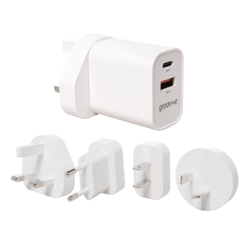 Groov-e USB-C & USB-A Mains Charger 20W with Worldwide Travel Adaptors - GVMA113WE