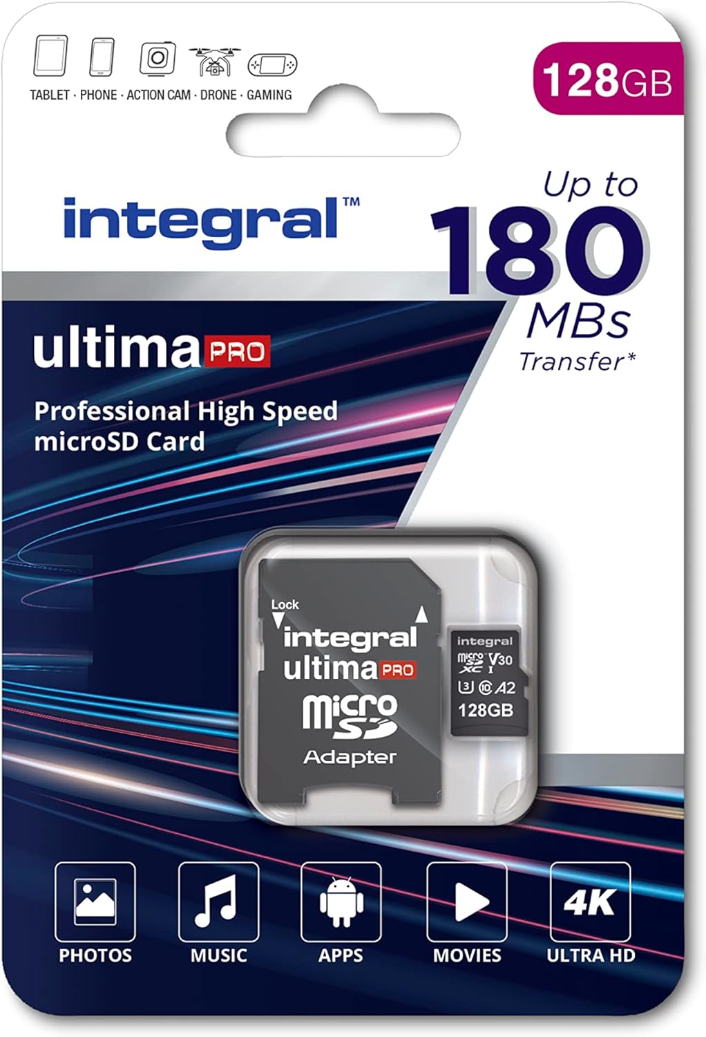 Tarjeta de memoria Integral 128 GB Pro de alta velocidad 180 MB/s MICROSDXC V30 UHS-I U3
