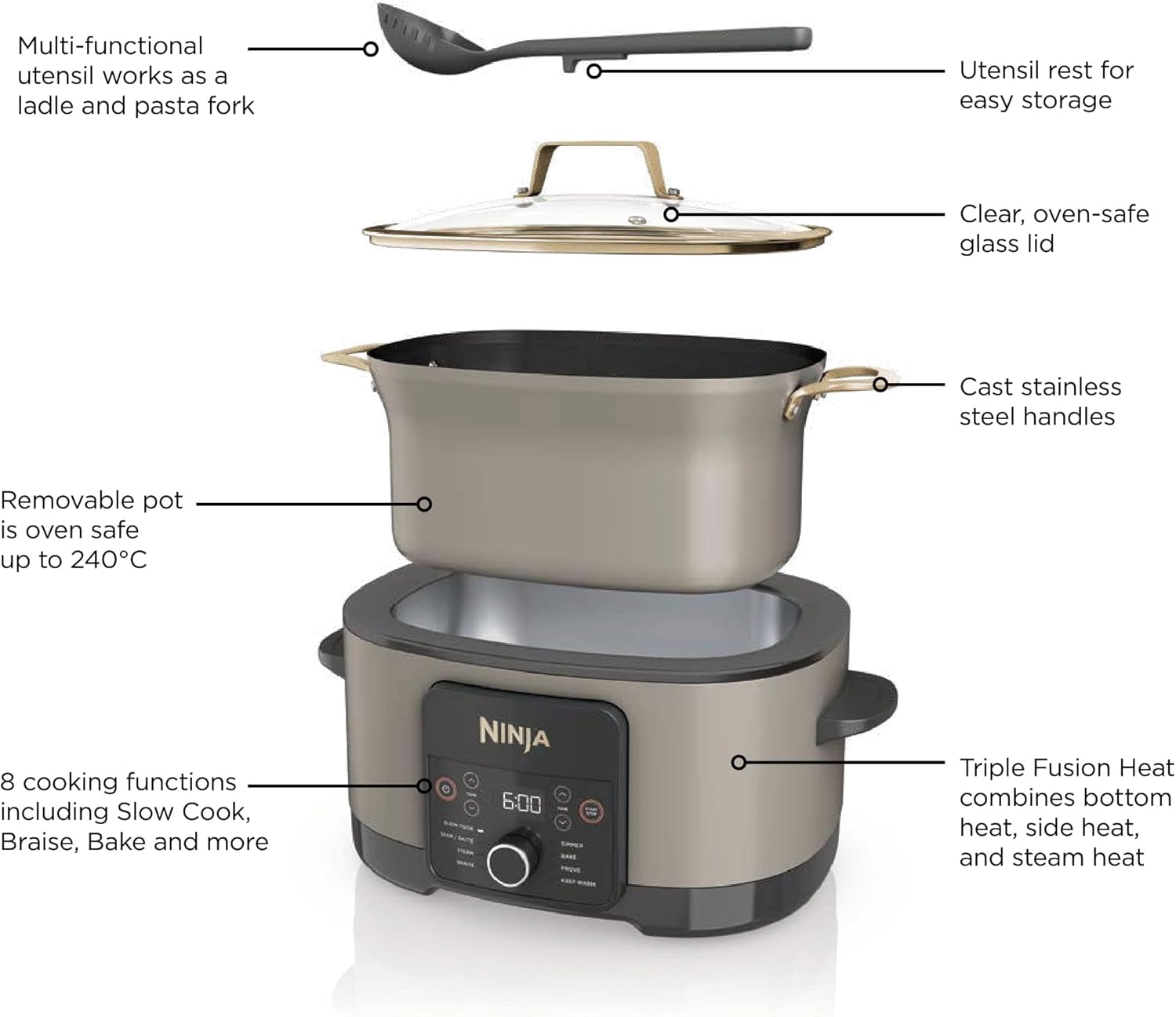 Olla de cocción lenta Ninja Foodi Possible Cooker 8 en 1 | Gris sal marina - MC1001UK