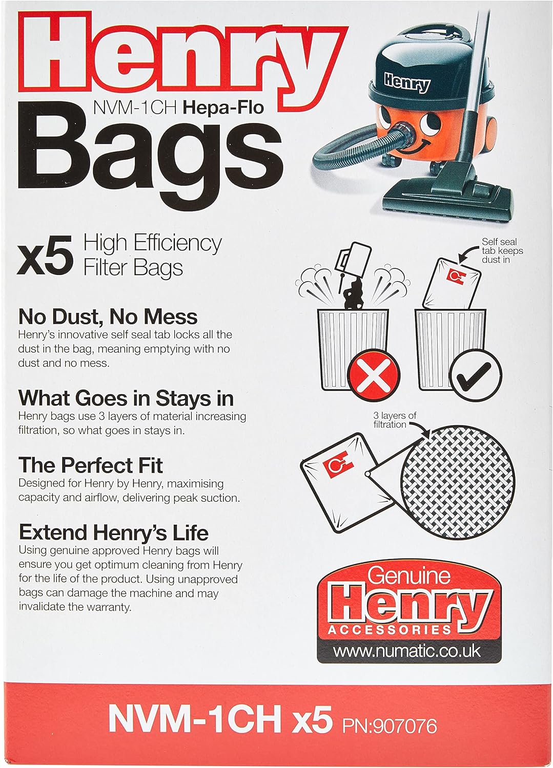 Numatic NVM-1CH 3 Layer Hepaflo Filter Dustbag (Pack of 5) - 907076