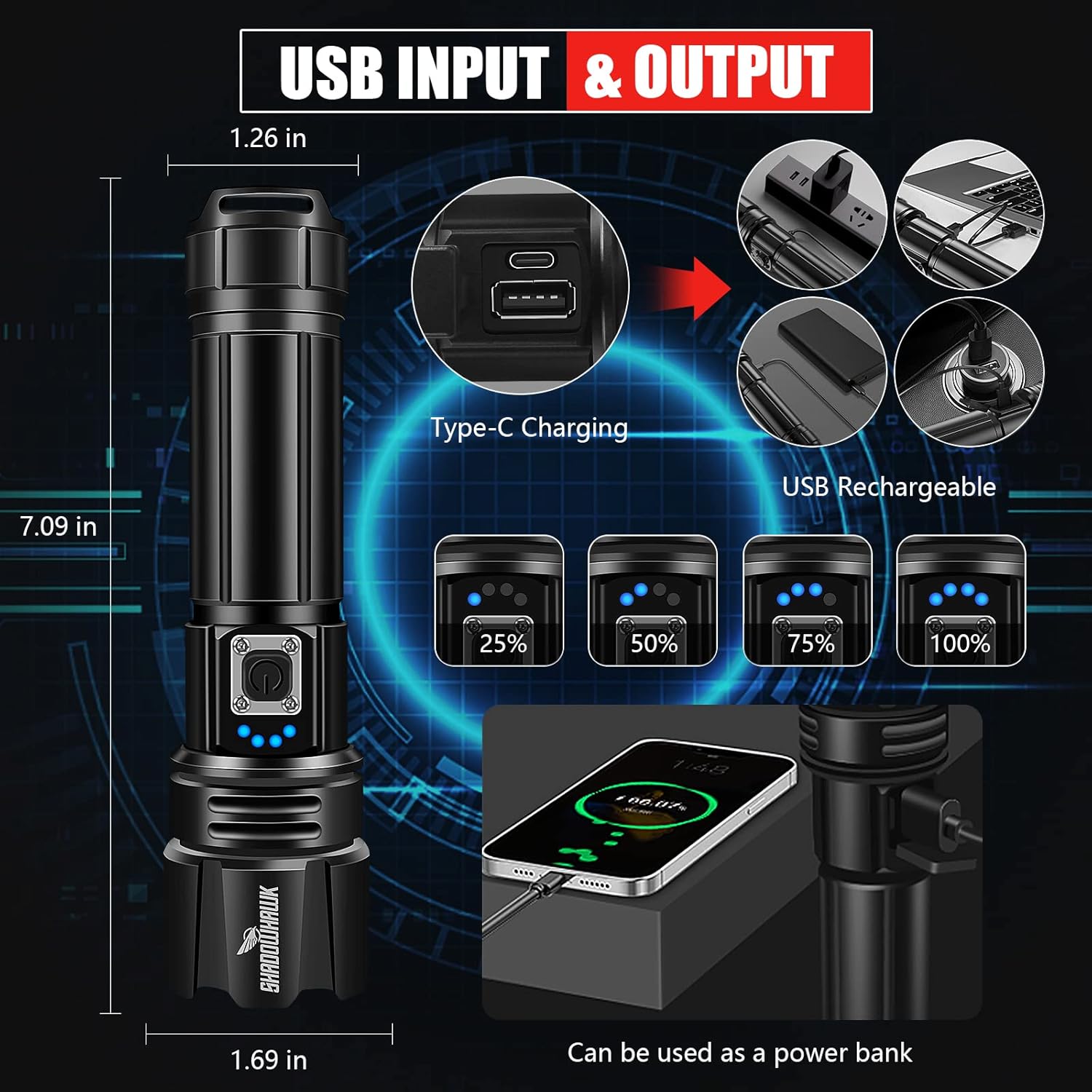 Shadowhawk Led Super Bright Rechargeable Torch - XHP70.2