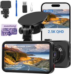 Ssontong A16W 2.5K QUAD HD 1440P Dash Cam Front with 128GB Card