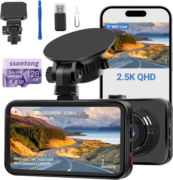 Ssontong A16W 2.5K QUAD HD 1440P Dash Cam Front with 128GB Card