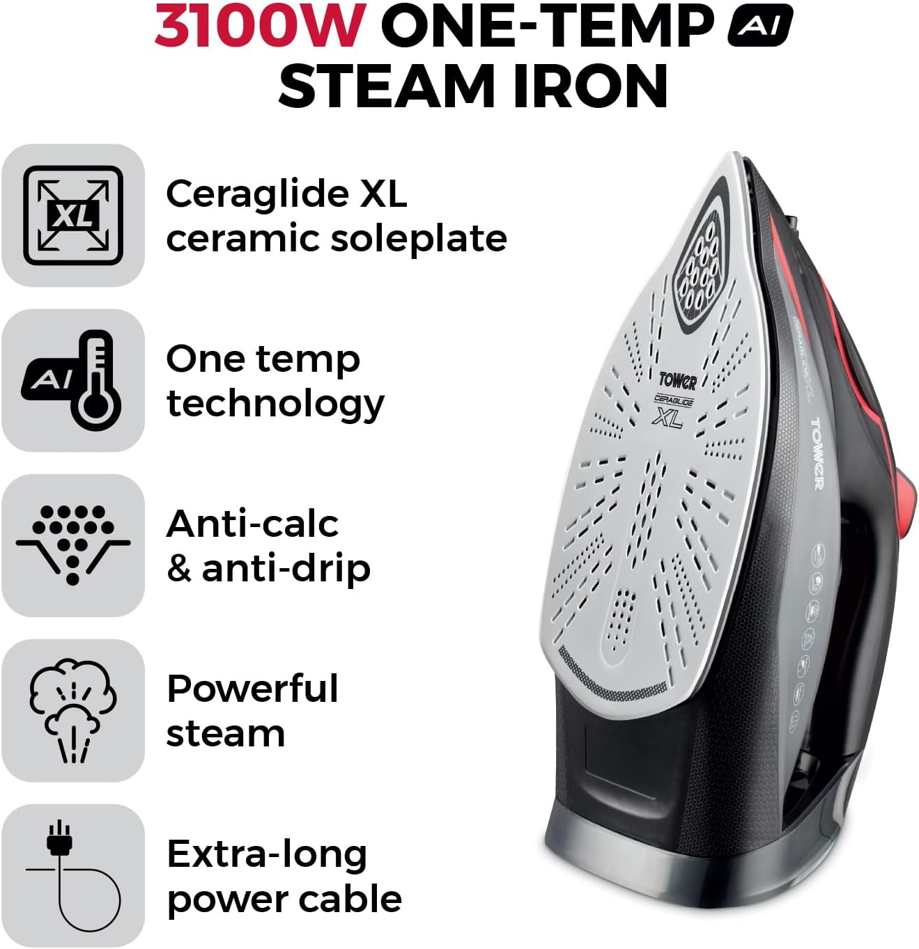 Tower Ceraglide XL Soleplate One Temp Iron Red & Black - T22034RED