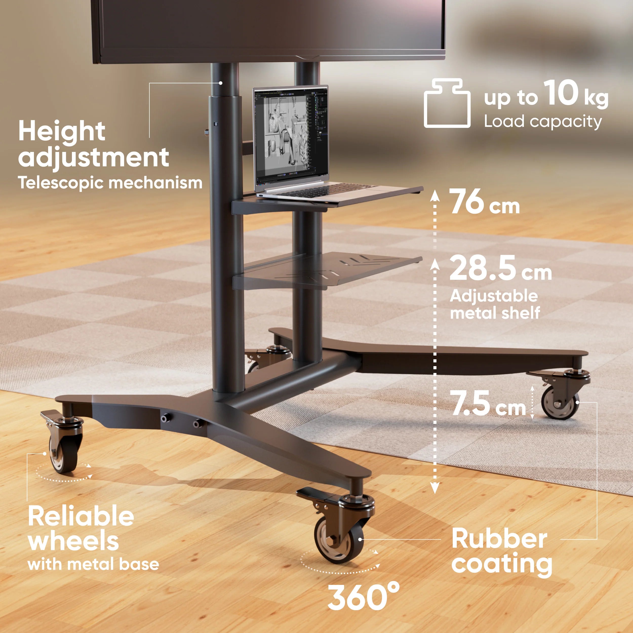 Mobile TV stand for TVs on wheels 55"-90" - TS1871