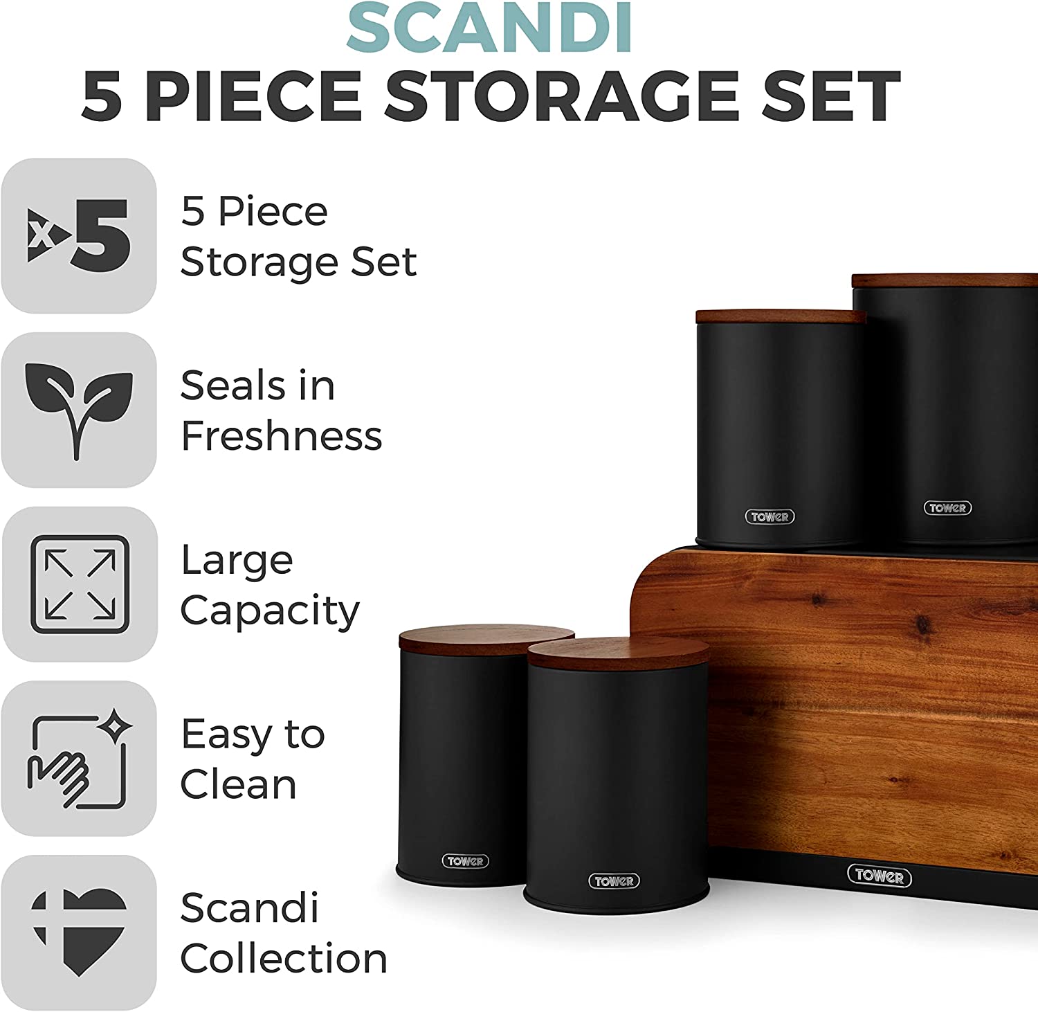 Juego de almacenamiento de 5 piezas de acacia Tower Scandi