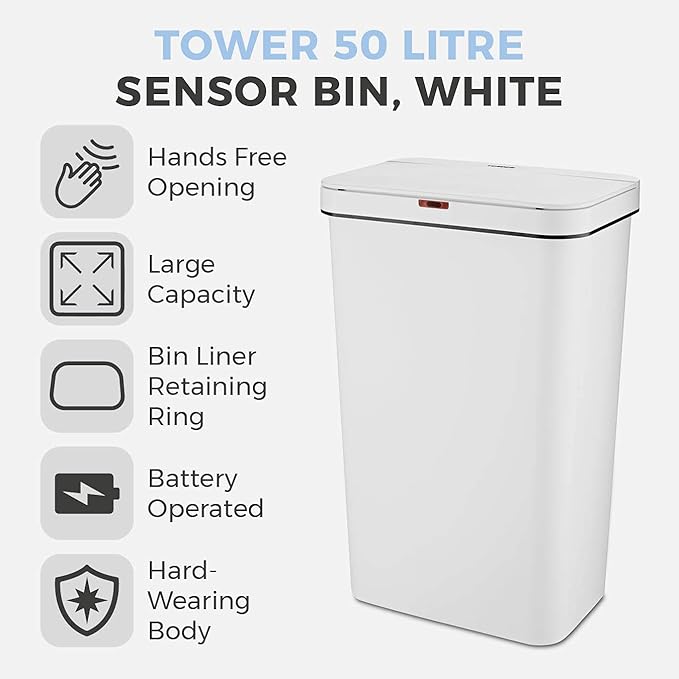 Tower 50L Sensor Bin - White