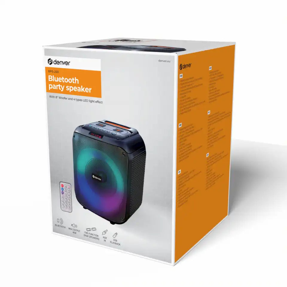 Altavoz Bluetooth para fiestas Denver con luz LED y woofer de 8" | BPS-250