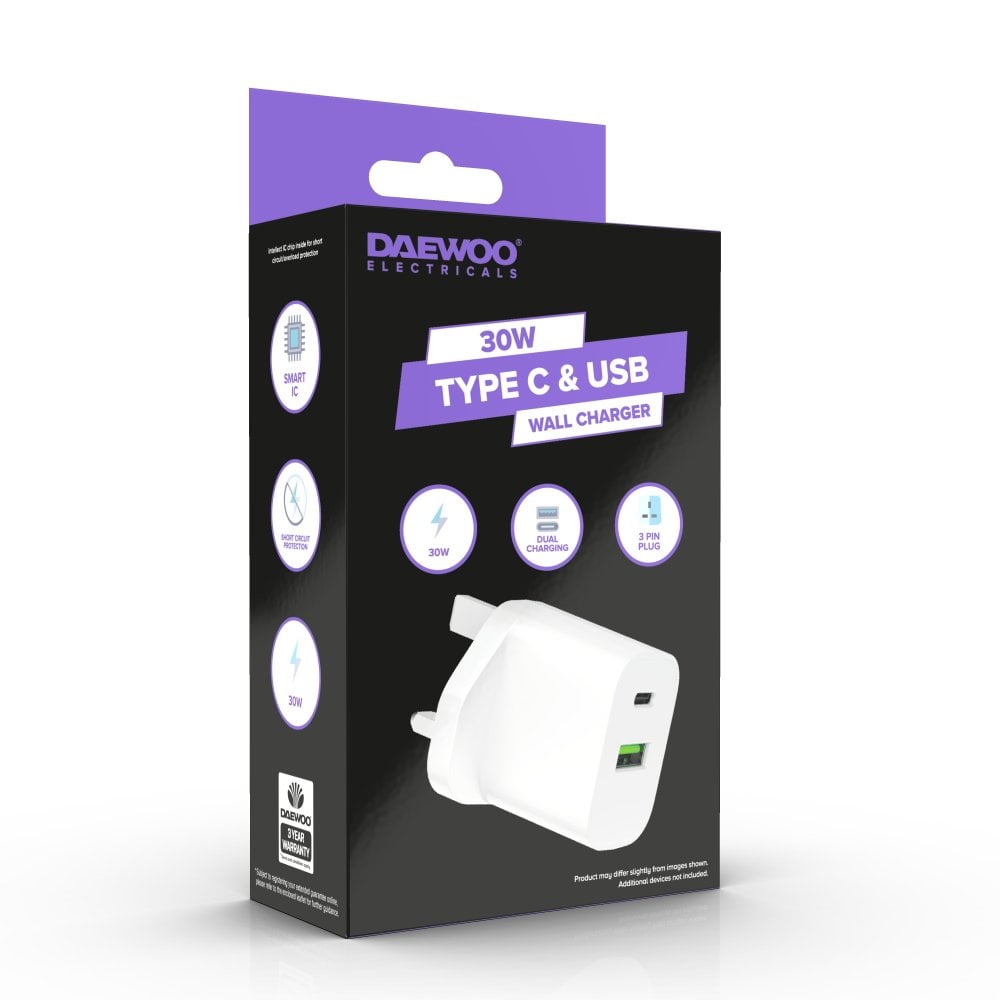 Daewoo 30W USB-C & USB-A White Wall Charger - ELA1416GE