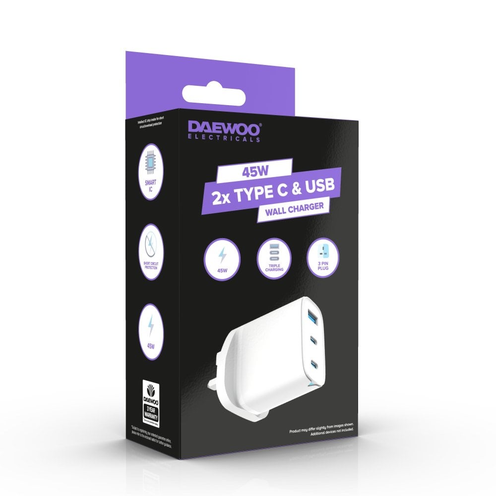 Cargador de pared DAEWOO de 45 W con 2 puertos USB-C y USB-A, blanco, adaptador de enchufe | ELA1414GE
