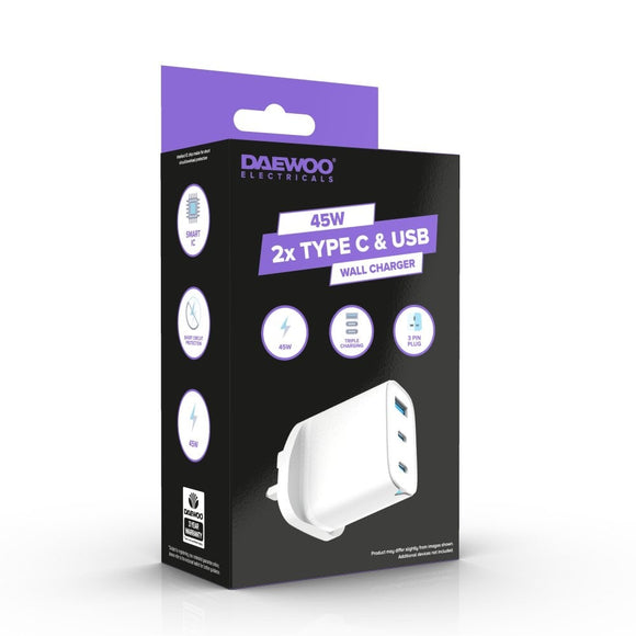 DAEWOO 45W 2x USB-C & USB-A White Wall Charger Plug Socket Adaptor | ELA1414GE