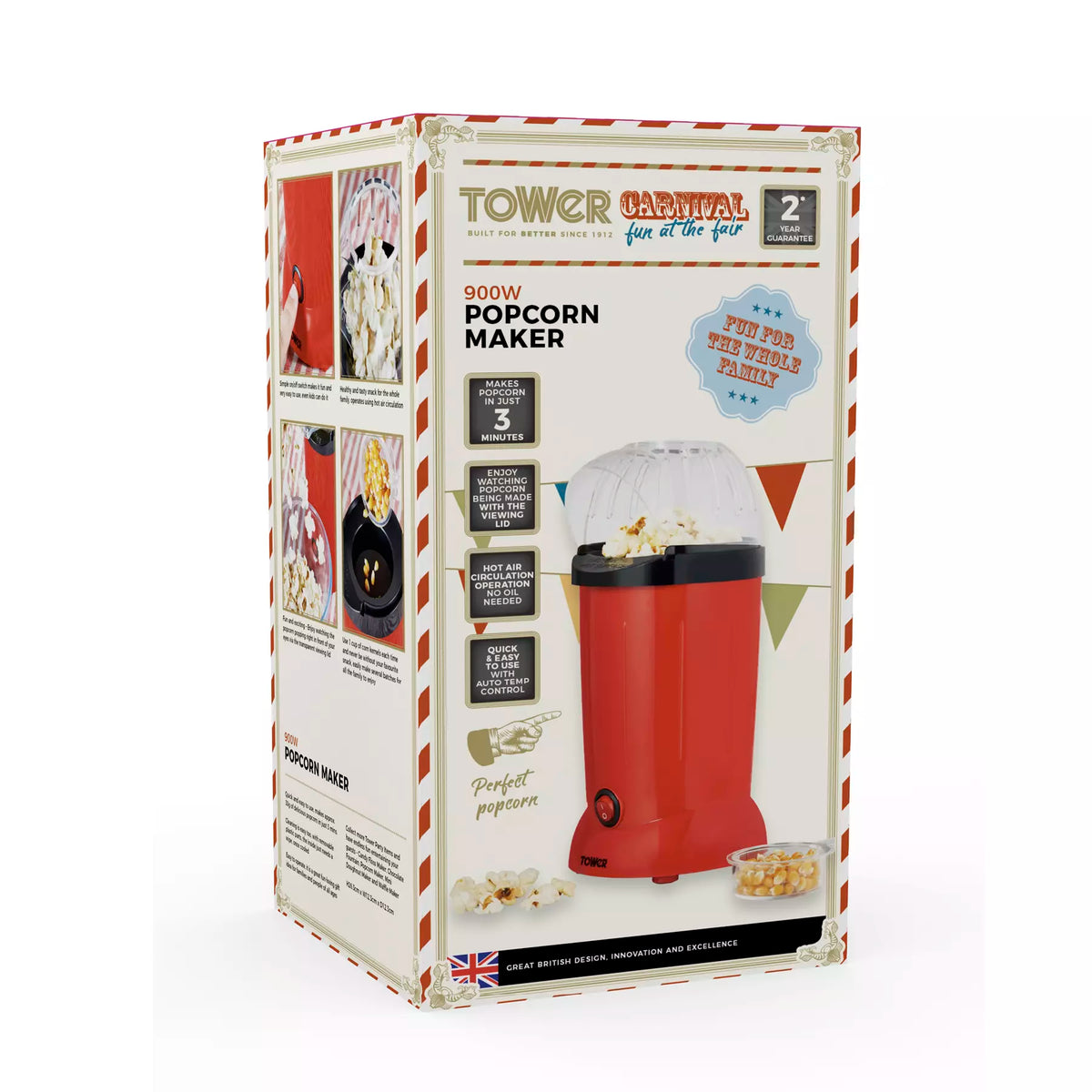 Popcorn Maker Machine Red Rectangle 900W Tower Red Popcorn Maker
