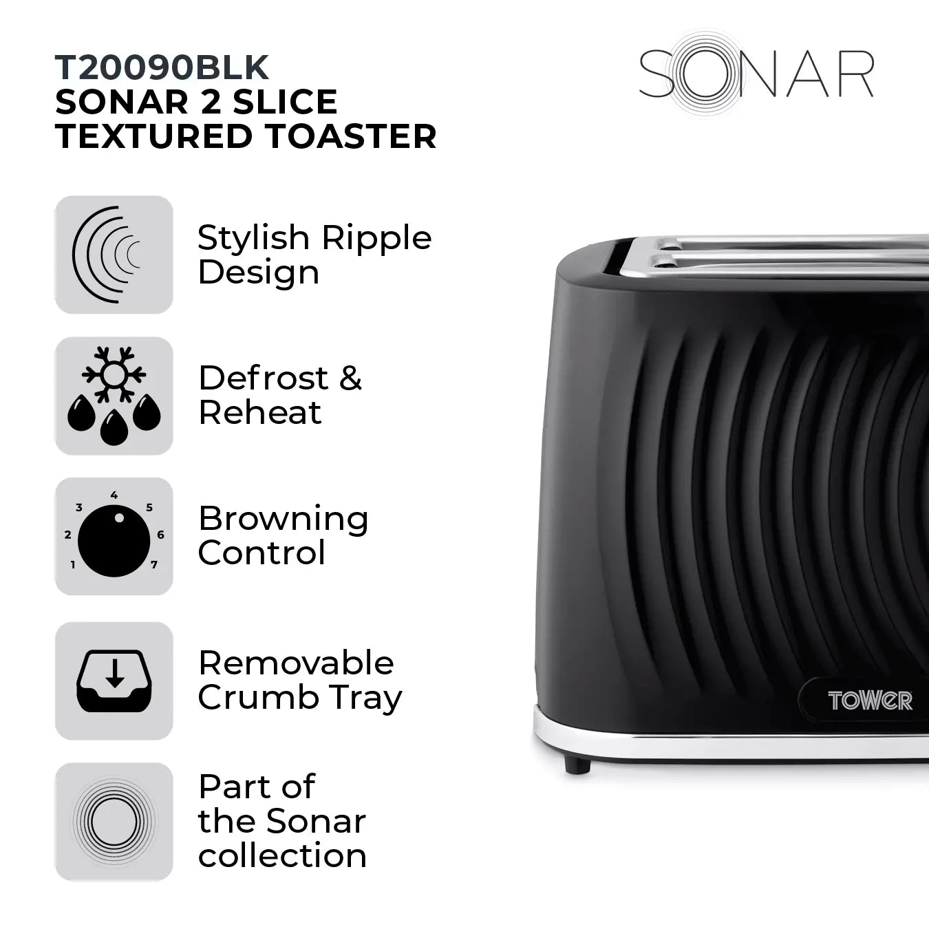 Tower Sonar 2 Slice Textured Toaster
