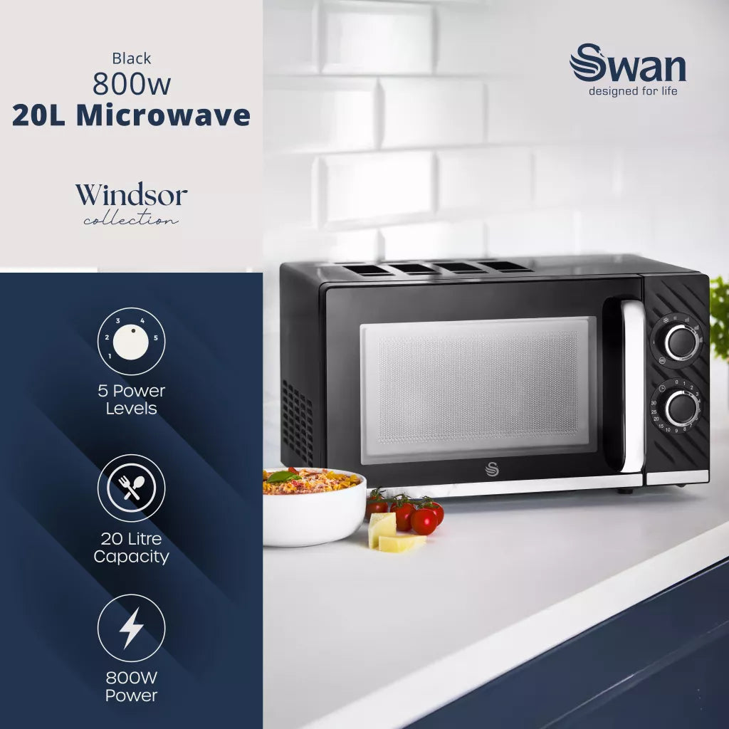 Swan Windsor 20 Litre 800W Black Manual Microwave