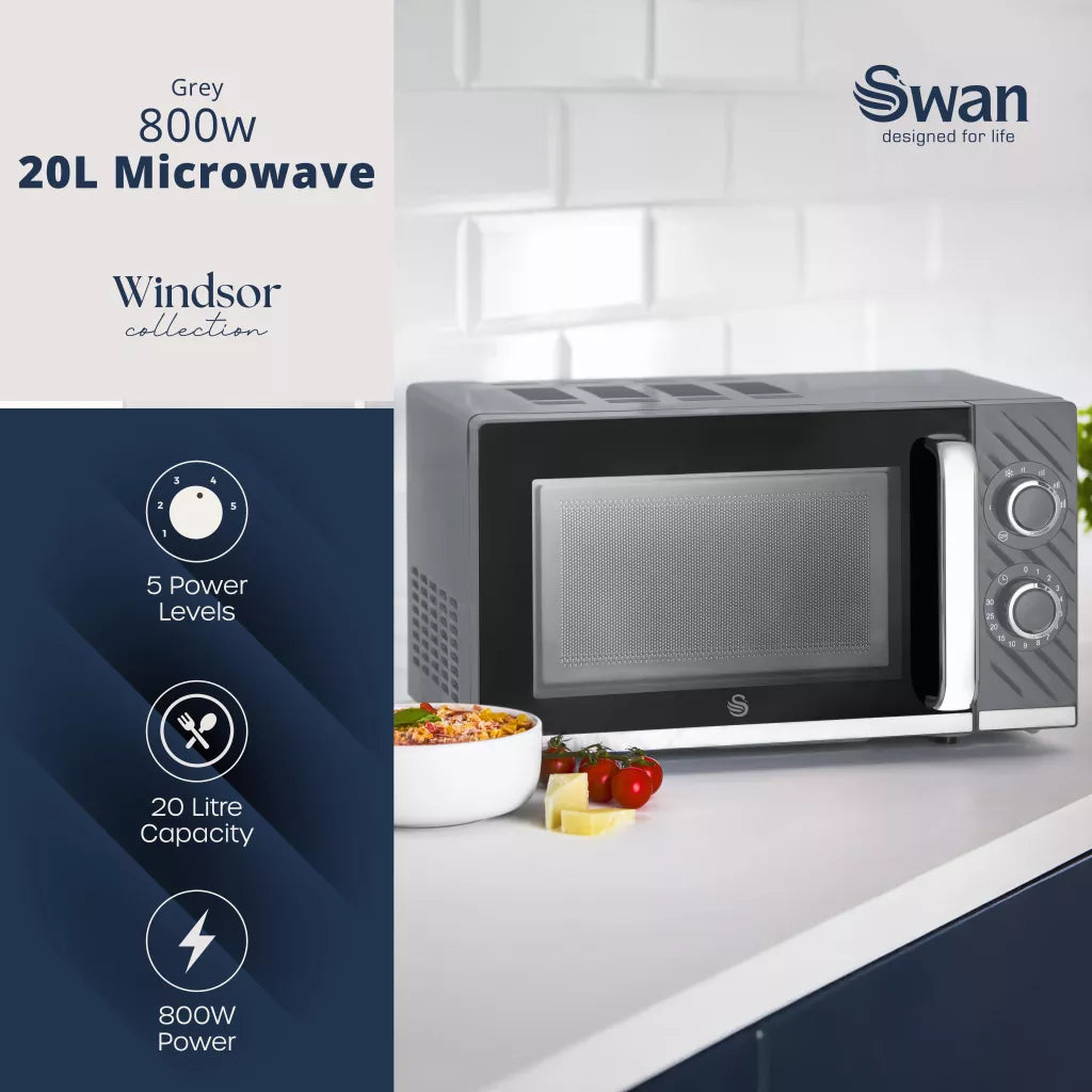 Swan Windsor 20 Litre 800W Grey Manual Microwave - SM4424GRY