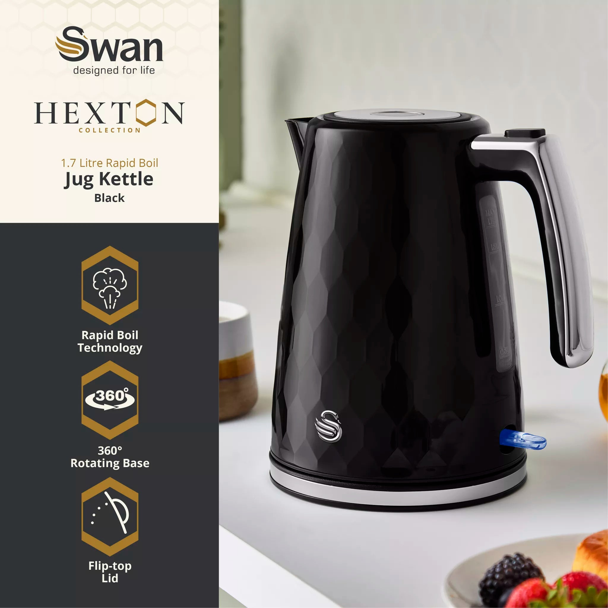 Swan Hexton 1.7L 3KW Black Jug Kettle