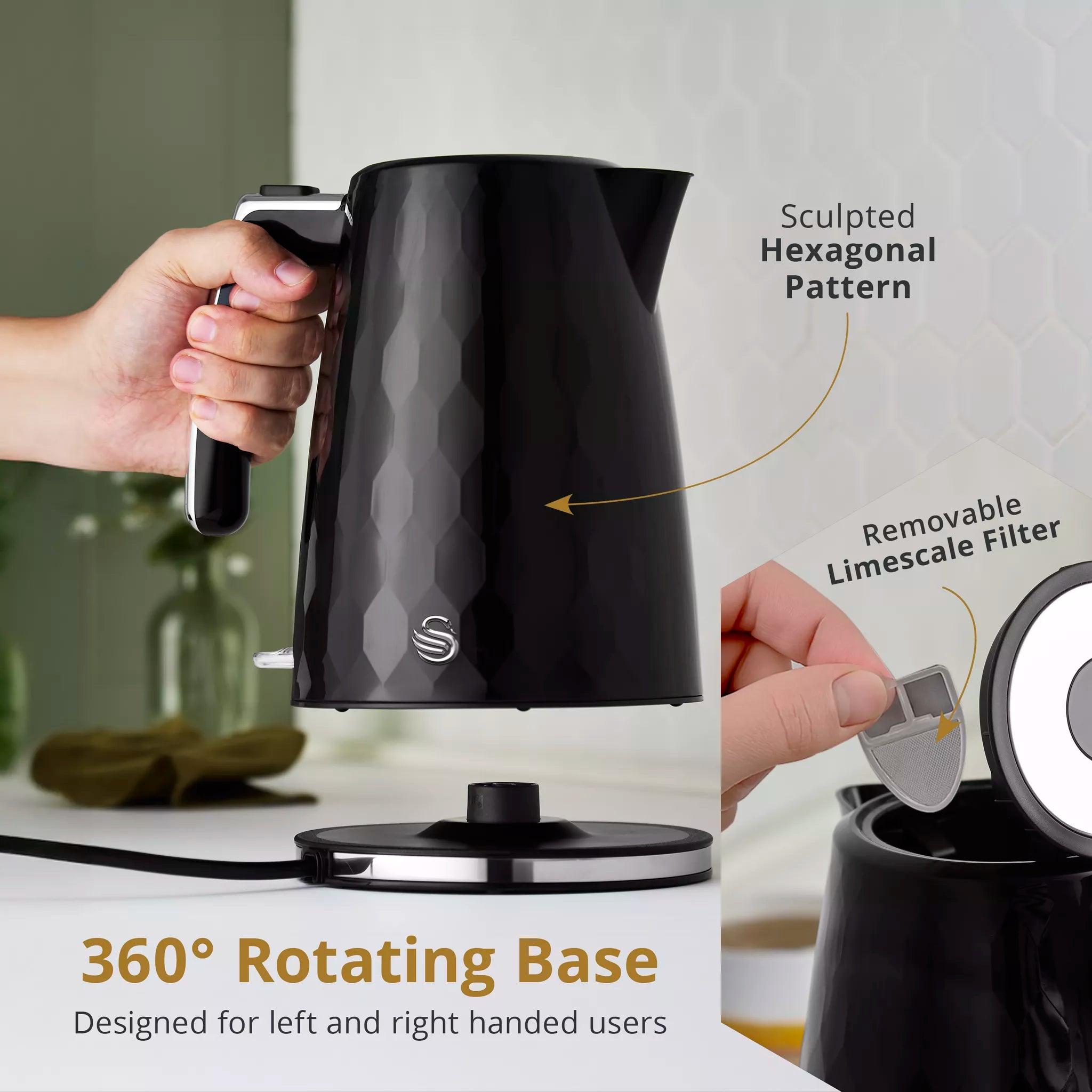 Swan Hexton 1.7L 3KW Black Jug Kettle