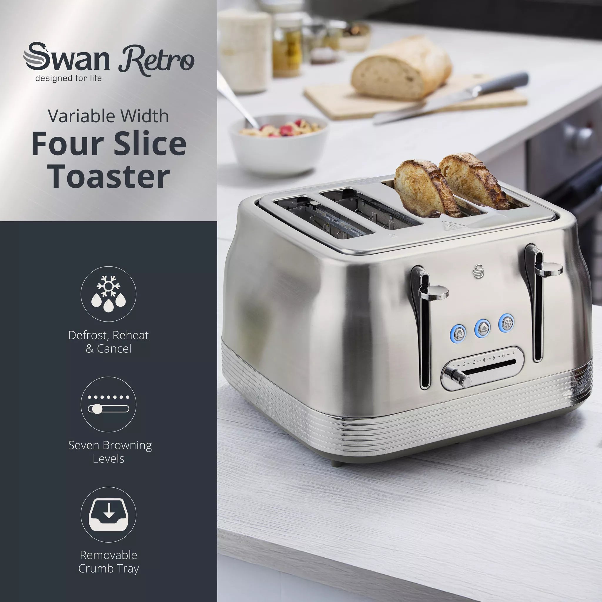 Swan Retro Stainless 4 Slice Toaster