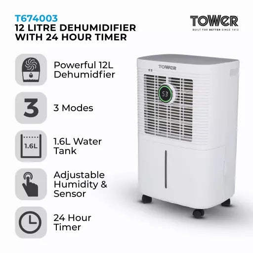 Tower 12 litre Dehumidifier with 24 Hour Timer
