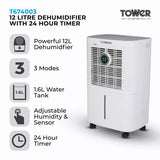 Tower 12 litre Dehumidifier with 24 Hour Timer