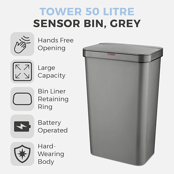 Tower 50L Sensor Bin - Grey