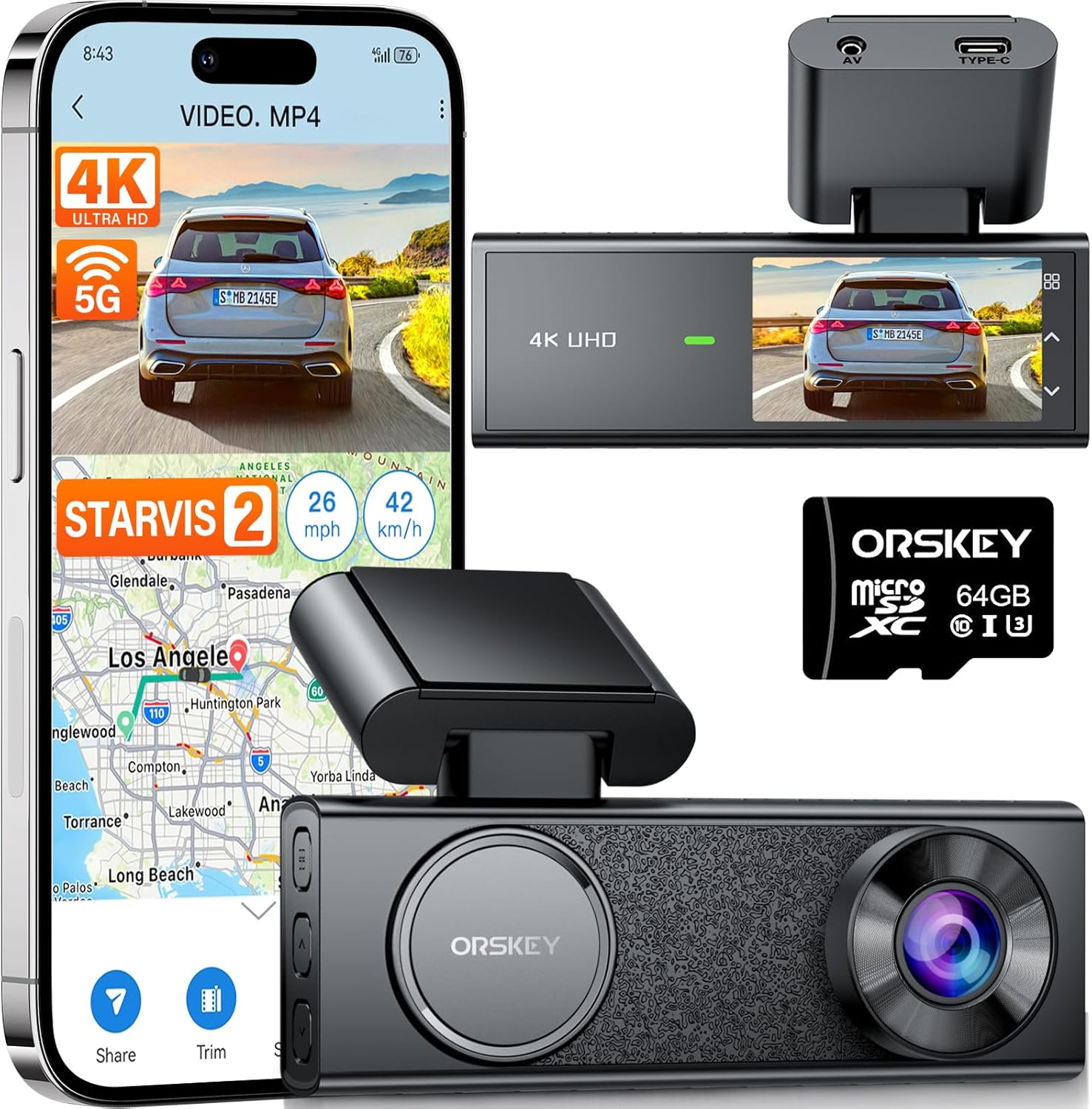 ORSKEY 4K Dash Cam K70 - 64GB SD Card Included