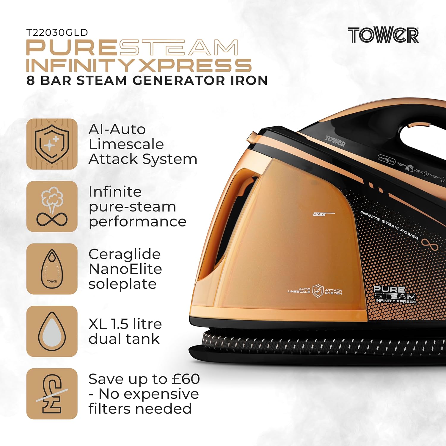 Tower 3000W PureSteam Infinity Xpress 8 Bar Steam Generator Iron