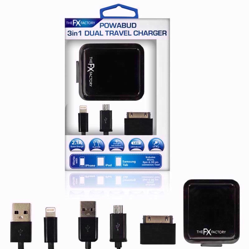 FX 3 IN 1 Dual Travel Charger | Black