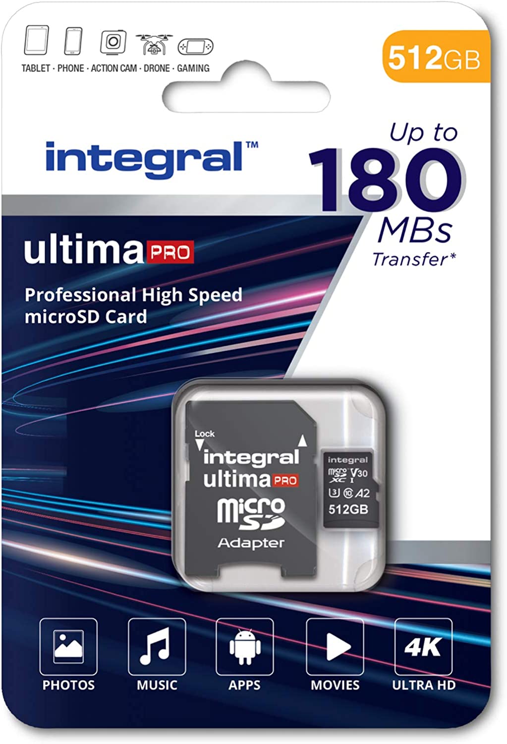 Tarjeta Micro SD Integral Pro de alta velocidad de 512 GB y 180 MB/s MICROSDXC V30 UHS-I U3